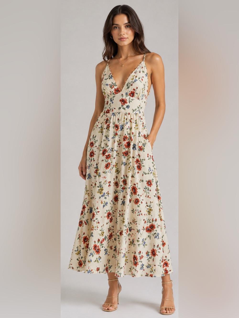NWT Caroline Constas Floral Midi Dress w/ Beaded Neckline